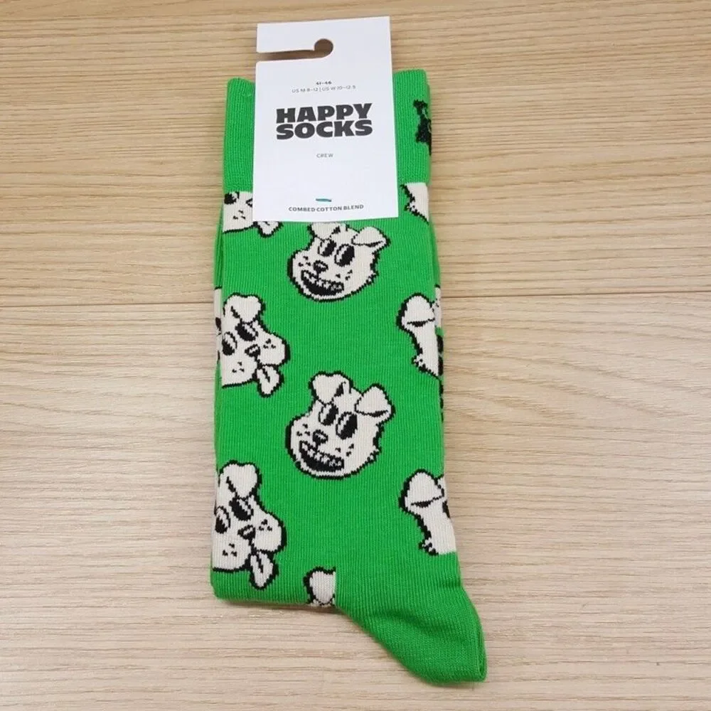 HAPPY SOCKS Crew Socks Green Dog Combed Cotton Unisex M 8-12 W 10-12.5